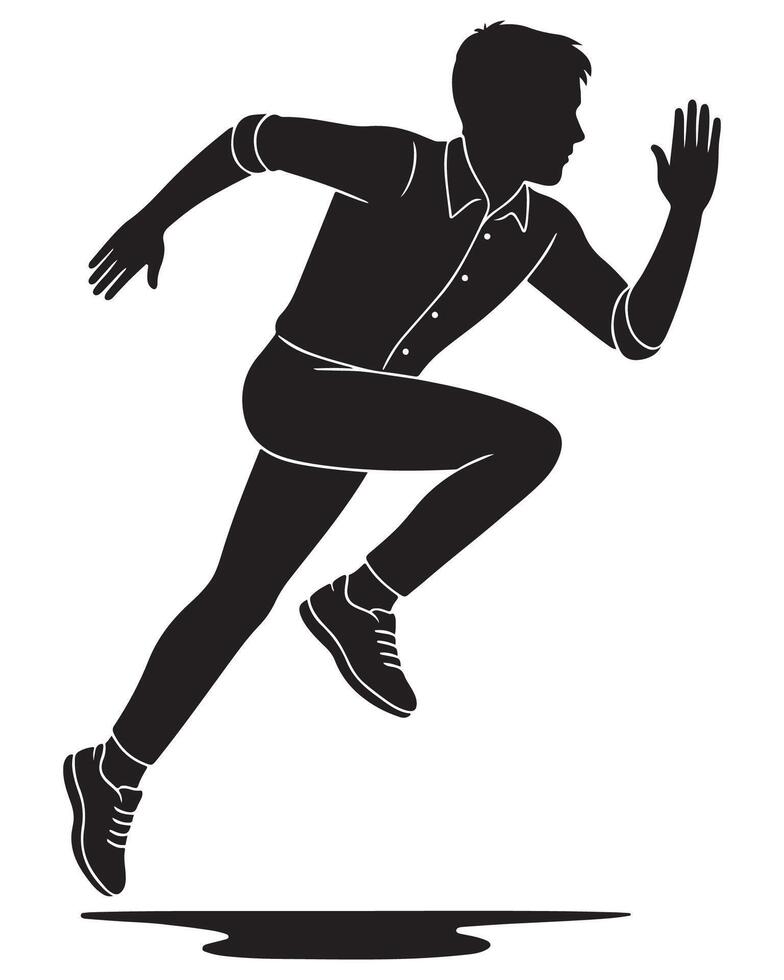 Silhouette of a man mid-sprint with arms pumping and one knee high in the air, running man silhouette vector