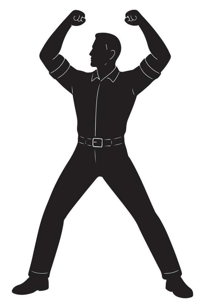 Silhouette of a man in a wide stance with both fists together above his head, strong man silhouette vector