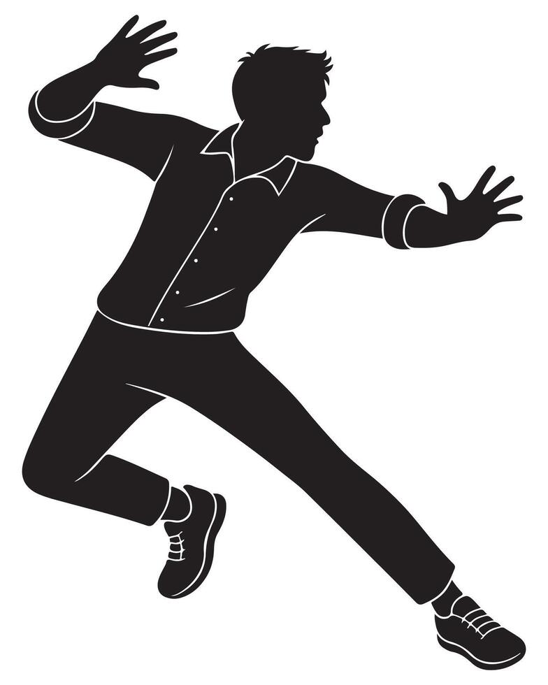 Silhouette of a man turning sharply mid-run, with torso twisted and arms thrown out, action silhouette vector