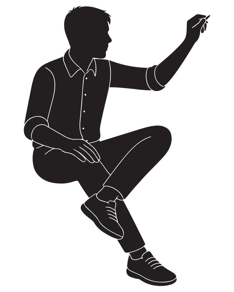 Silhouette of a man sitting with one hand writing or drawing on an invisible surface in front, teacher silhouette vector