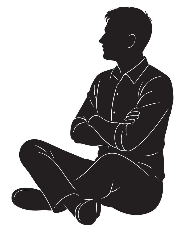 Silhouette of a man sitting sideways with arms folded across his chest, confident man silhouette vector