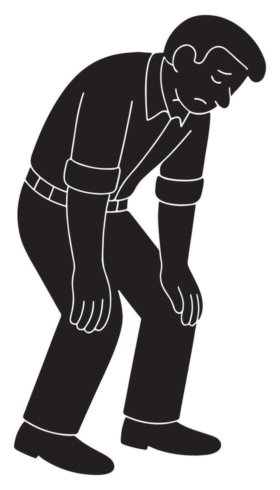 Silhouette of a man leaning forward with one hand resting on a bent knee, body heavy with emotion, tired man silhouette vector