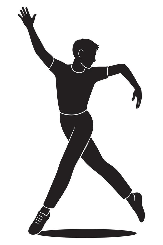 Silhouette of a man leaping sideways with one arm reaching up and one leg extended, dancing silhouette vector