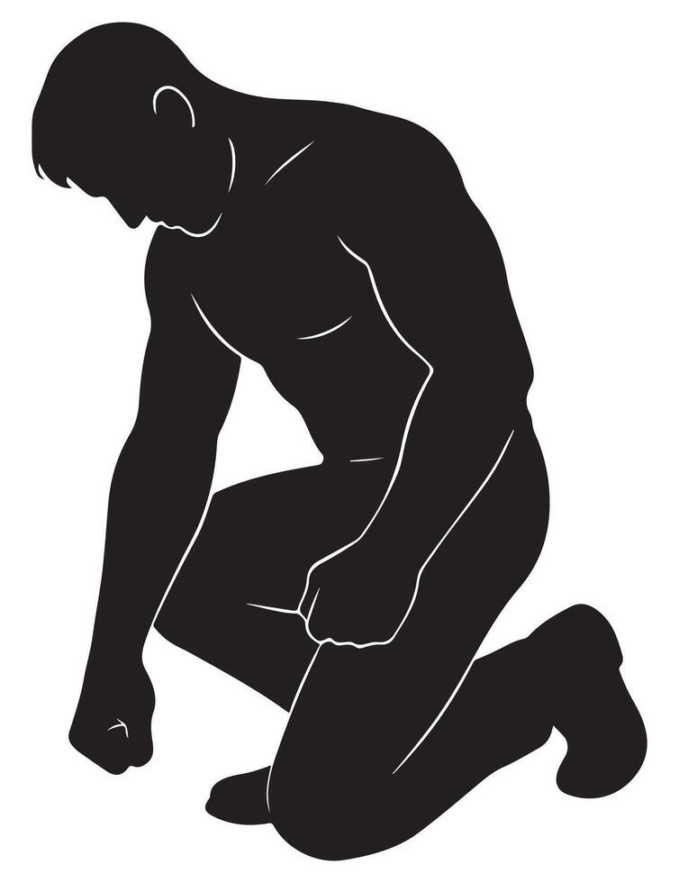 Silhouette of a man on one knee with head bowed and fist resting on the ground vector