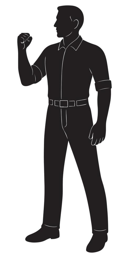 Silhouette of a man clenching his fist at shoulder height, asserting resolve, man with believe vector
