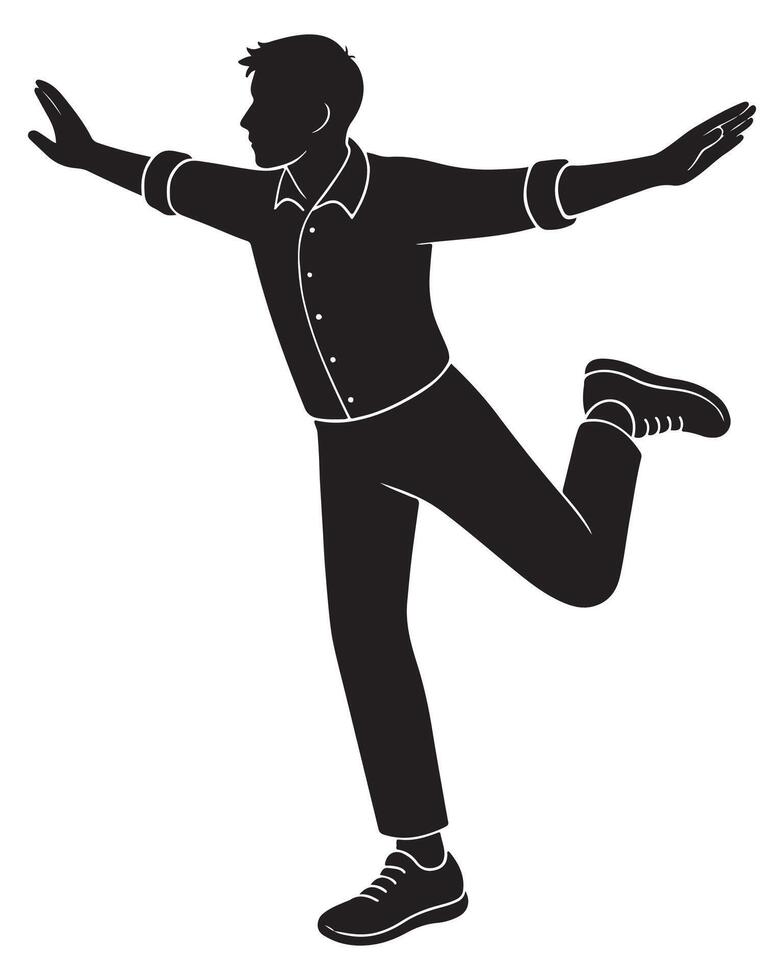 Silhouette of a man balancing on one leg with the other bent behind, arms out like wings, action silhouette vector