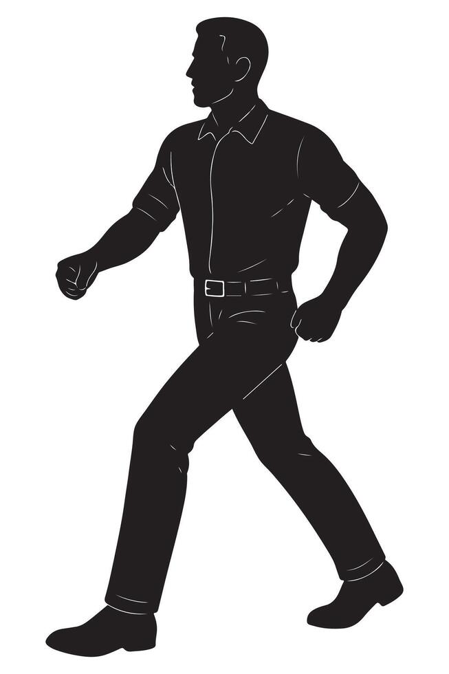 Silhouette of a man mid-stride with head turned in determination and arms confidently swinging, confident man walking silhouette vector