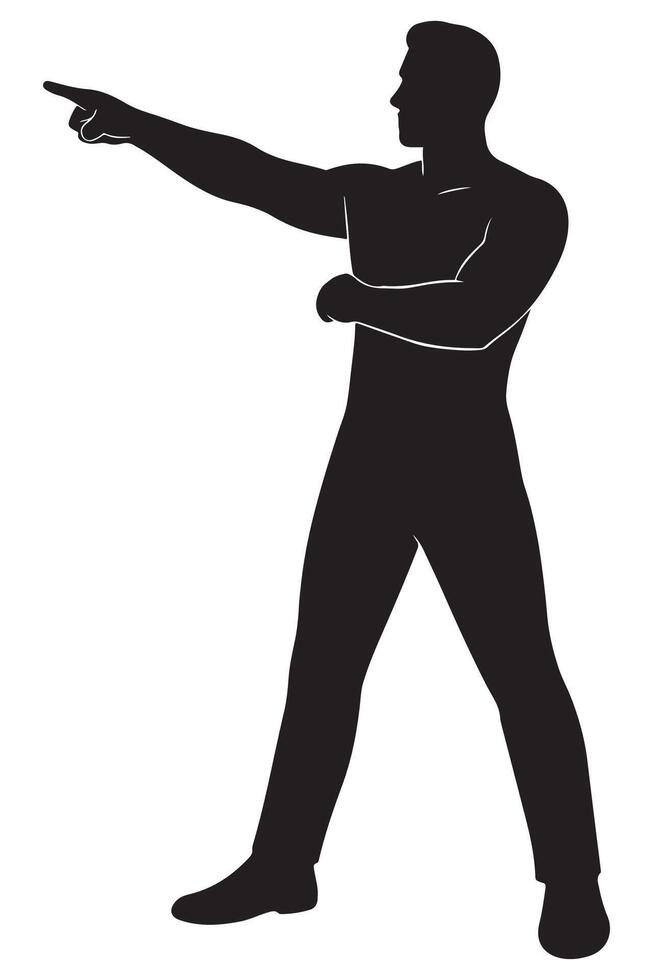 Silhouette of a man pointing forward with confidence, feet apart and back straight, pointing man silhouette vector