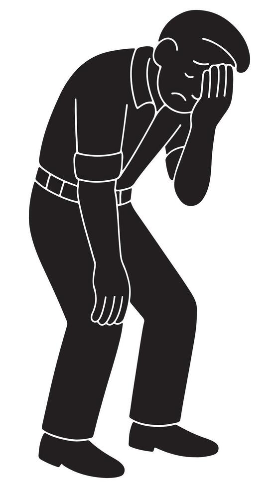 Silhouette of a man with one hand covering his face, body slightly bent, sad man silhouette vector