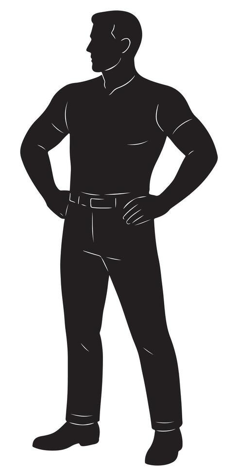 Silhouette of a man facing slightly sideways with both hands forming fists at his waist, beautiful man silhouette vector