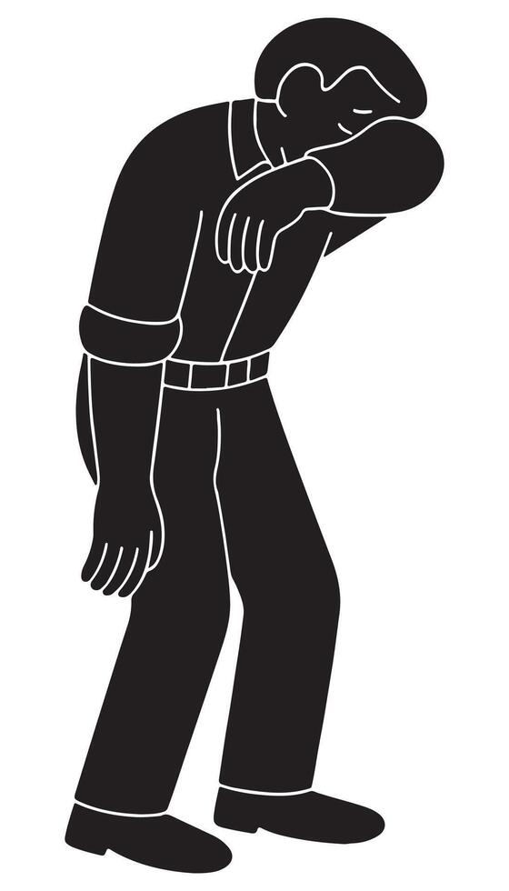 Silhouette of a man wiping his face with his sleeve, posture hunched, weeping man silhouette vector