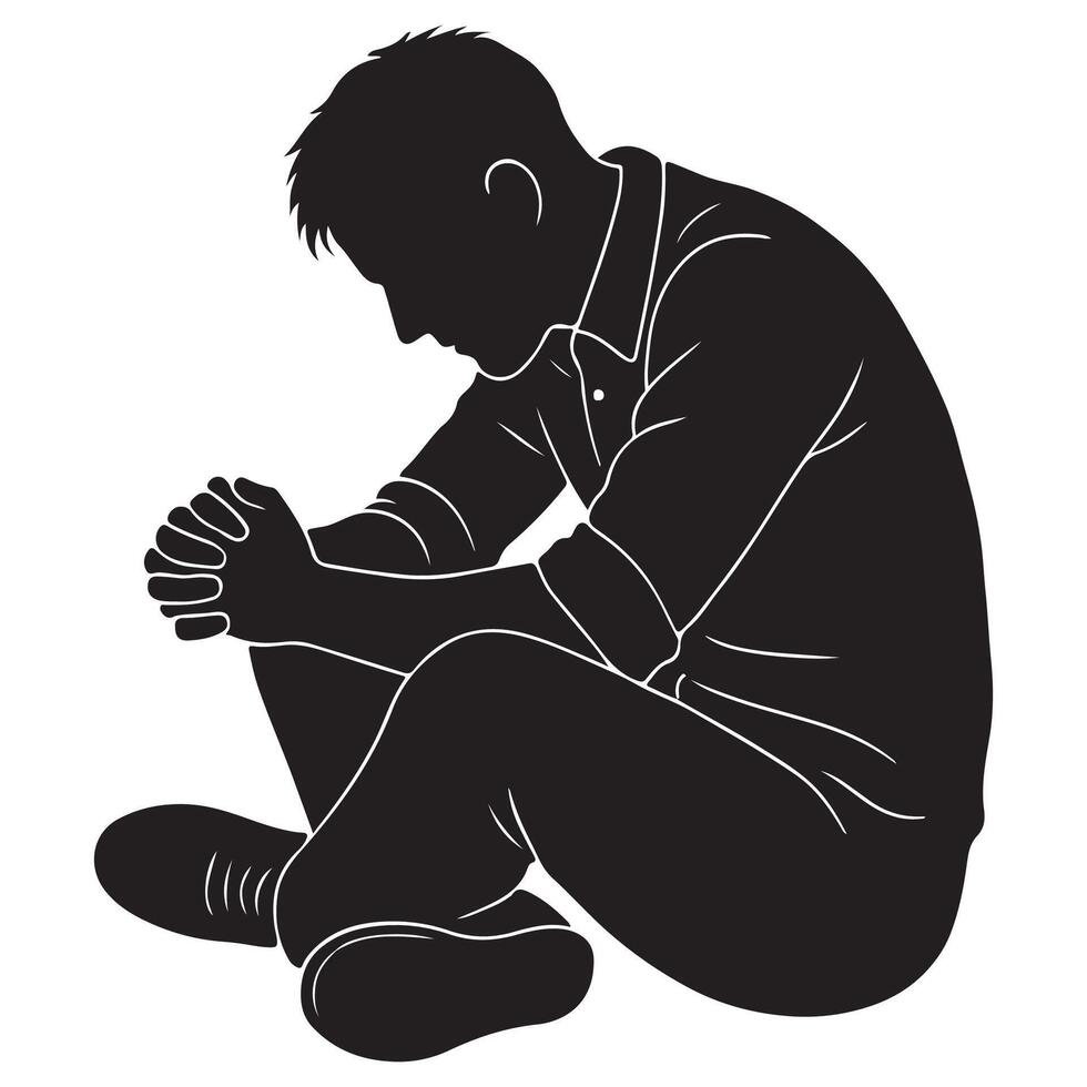 Silhouette of a man sitting hunched forward with hands clasped tightly, man in deep thought vector