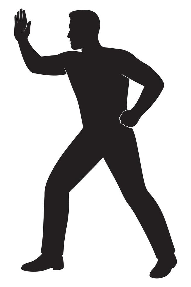 Silhouette of a man shielding with one arm while stepping forward bravely vector