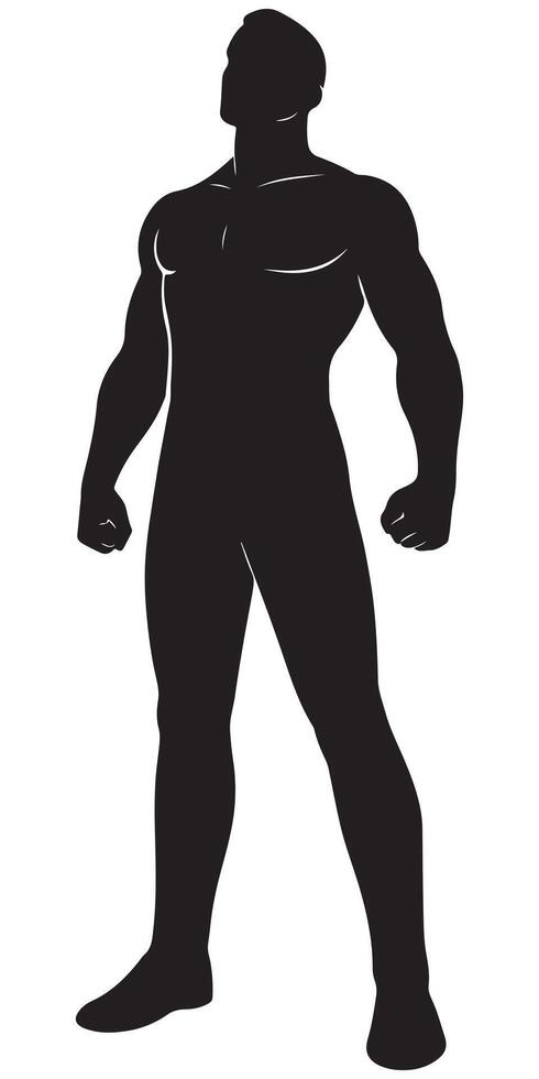 Silhouette of a man standing tall with chest out and fists clenched at his sides, muscular man silhouette vector
