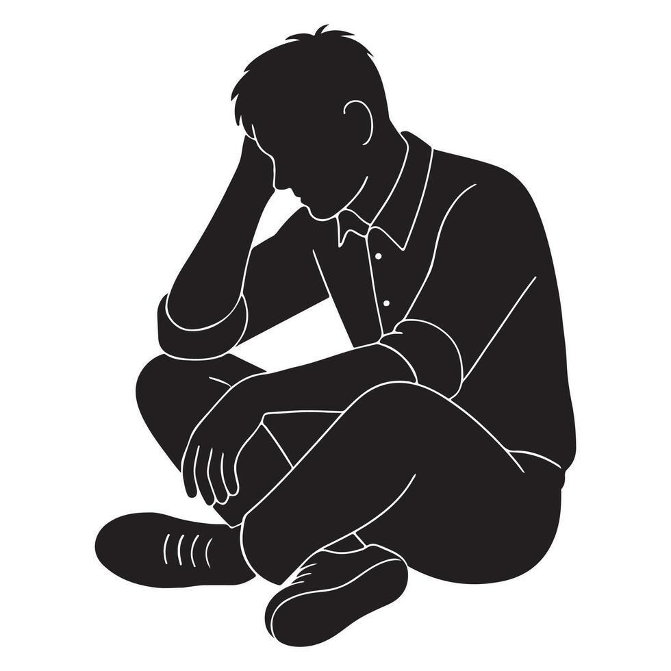 Silhouette of a man sitting and leaning to one side with head resting on hand, thinking man silhouette vector