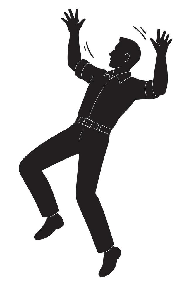 Silhouette of a man slipping mid-step with arms flailing wildly, falling man silhouette vector