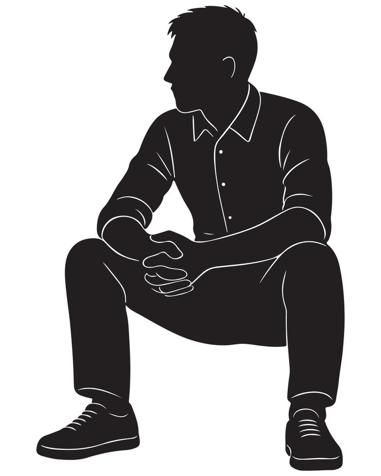 Silhouette of a man sitting with legs wide apart and elbows resting on thighs, man giving a pose vector