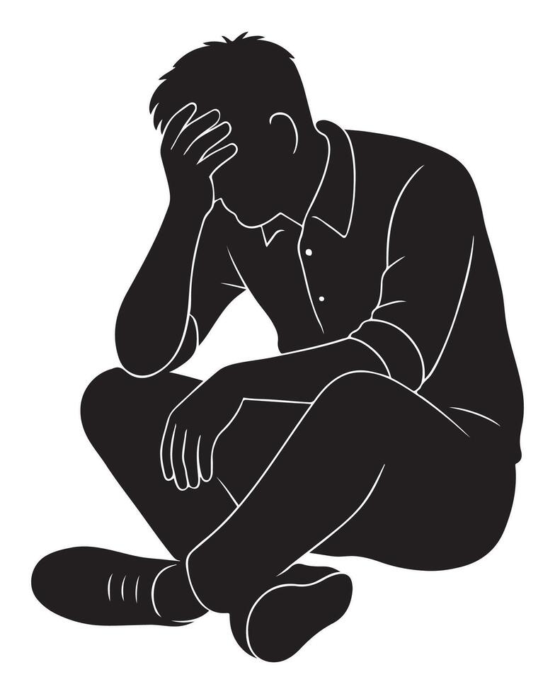 Silhouette of a man sitting slouched with one hand covering his face, stressed man silhouette vector