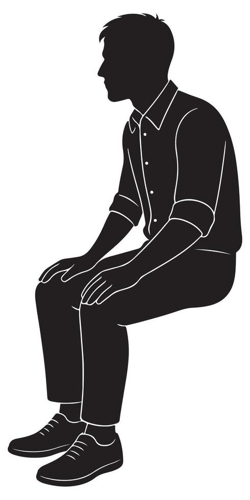 Silhouette of a man sitting at the edge of a surface, hands gripping the edge beside his legs vector