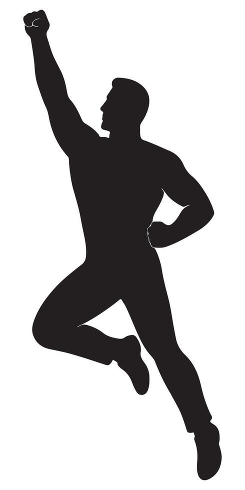 Silhouette of a man in mid-air with one arm raised and legs curled in flight pose, flying superman silhouette vector