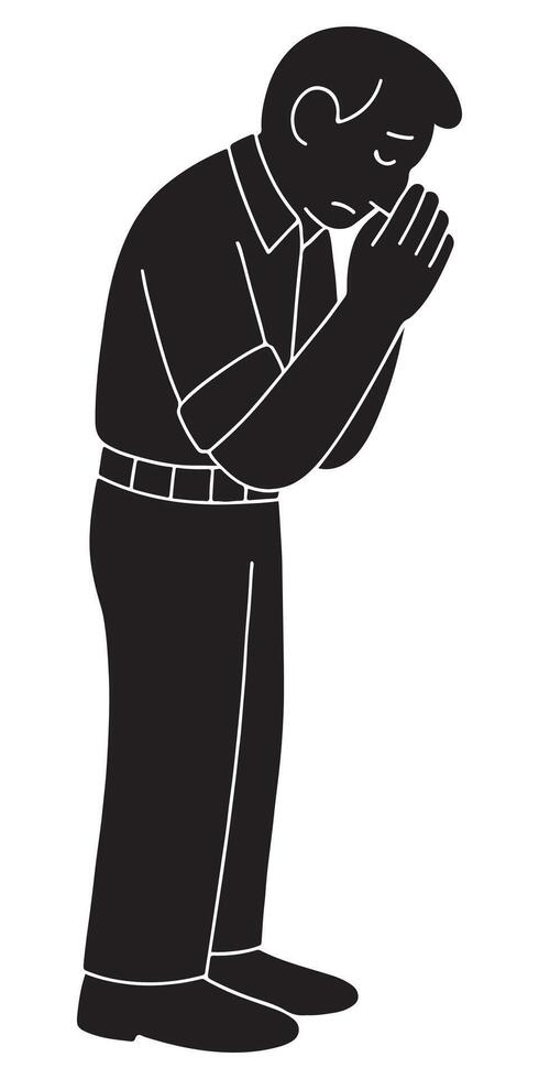 Silhouette of a man standing motionless with hands pressed together near his face vector