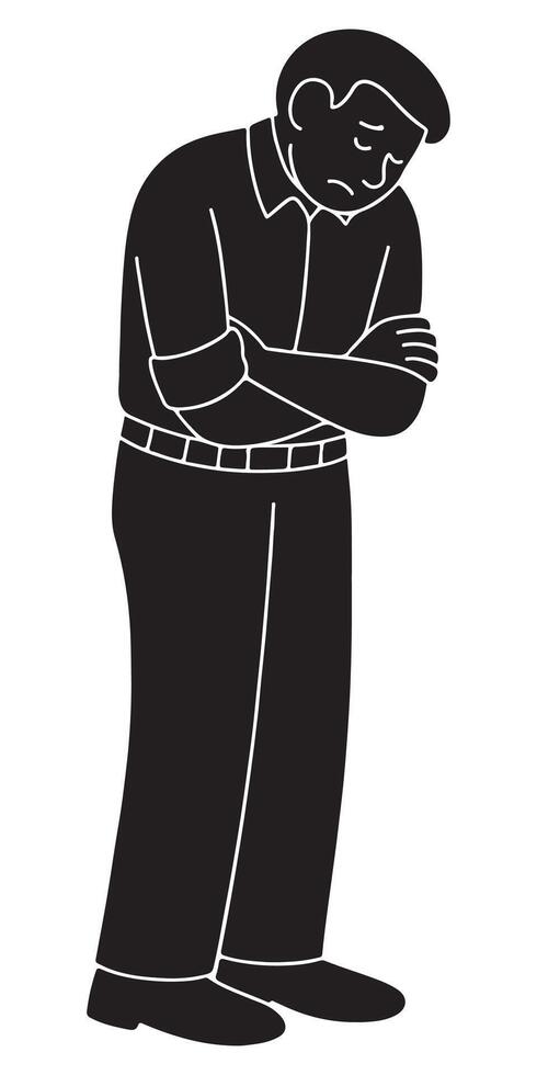 Silhouette of a man standing still with arms wrapped around himself for comfort, disappointed man silhouette vector