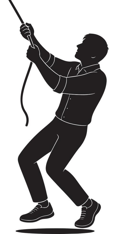 Silhouette of a man holding an invisible rope with both hands and pulling it down hard, action silhouette vector