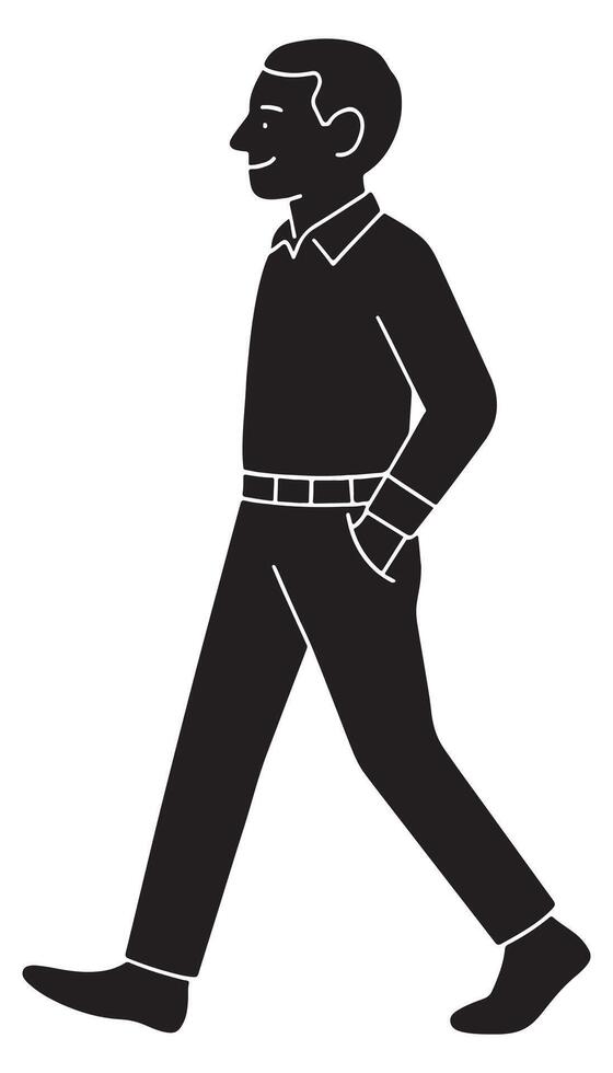 Silhouette of a man walking casually with one hand in pocket, walking man vector