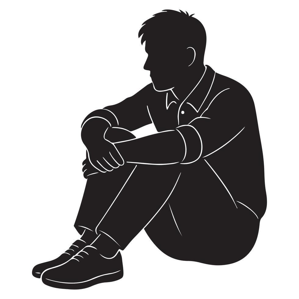 Silhouette of a man seated on the ground with arms wrapped around his knees vector