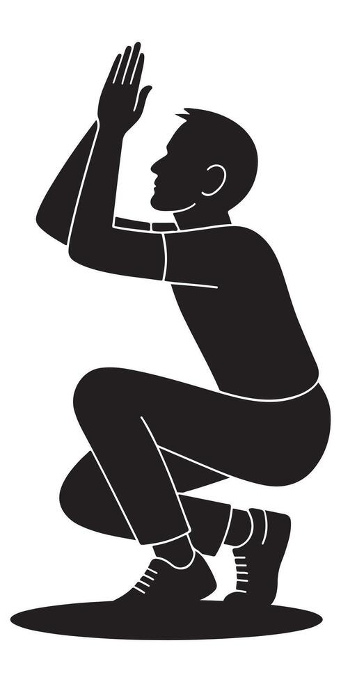 Silhouette of a man crouching low with hands clapping above head, action silhouette vector
