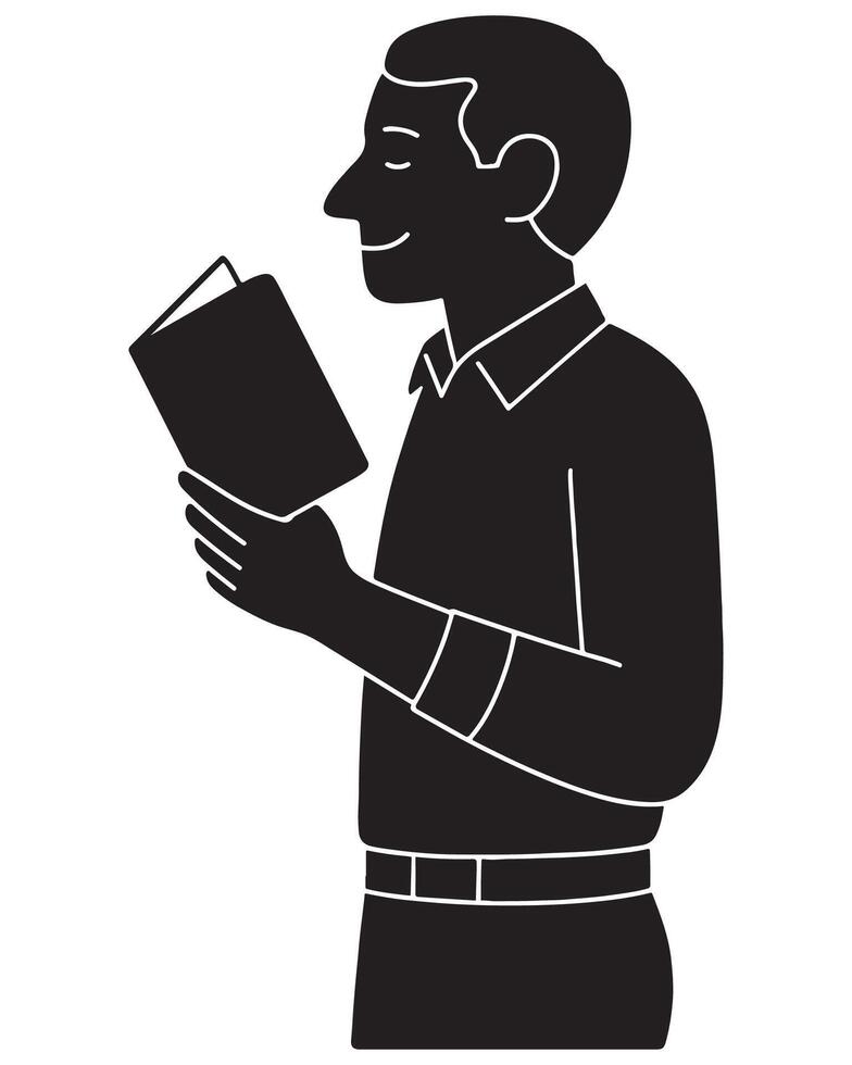 Silhouette of a man reading a book with both hands held in front, teacher silhouette vector