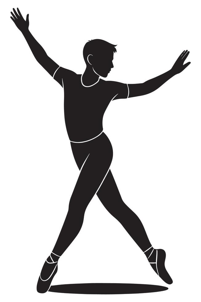 Silhouette of a man stepping forward with arms diagonally raised in a ballet-inspired move, dancing silhouette vector