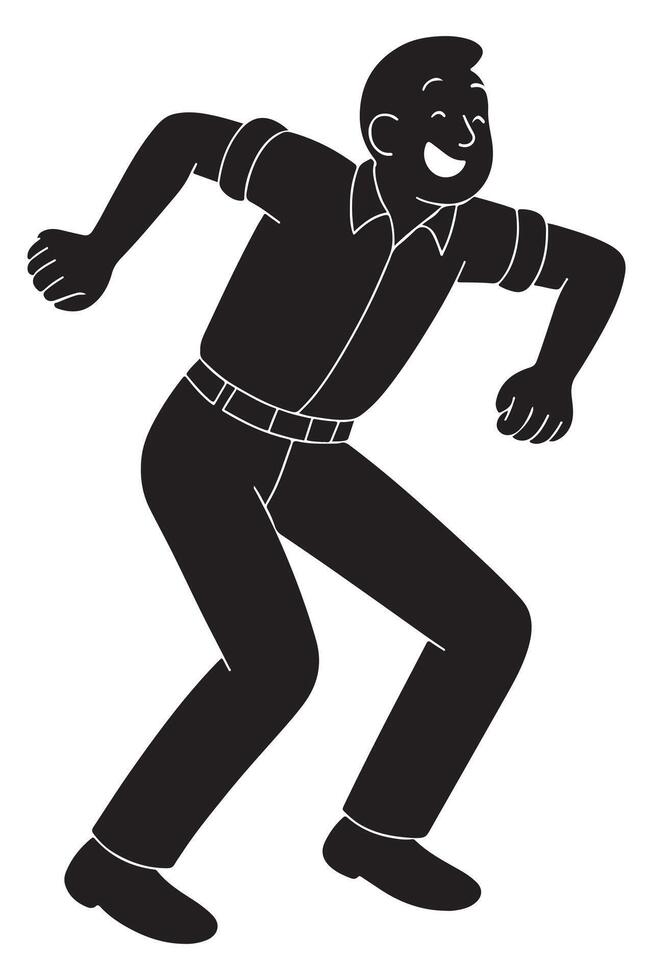Silhouette of a man doing a silly dance move with elbows out and knees bent, happy man silhouette vector