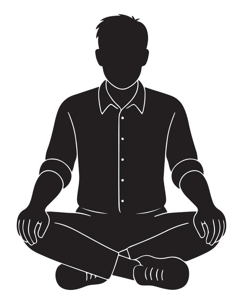 Silhouette of a man sitting upright with both hands on knees in a meditative position vector