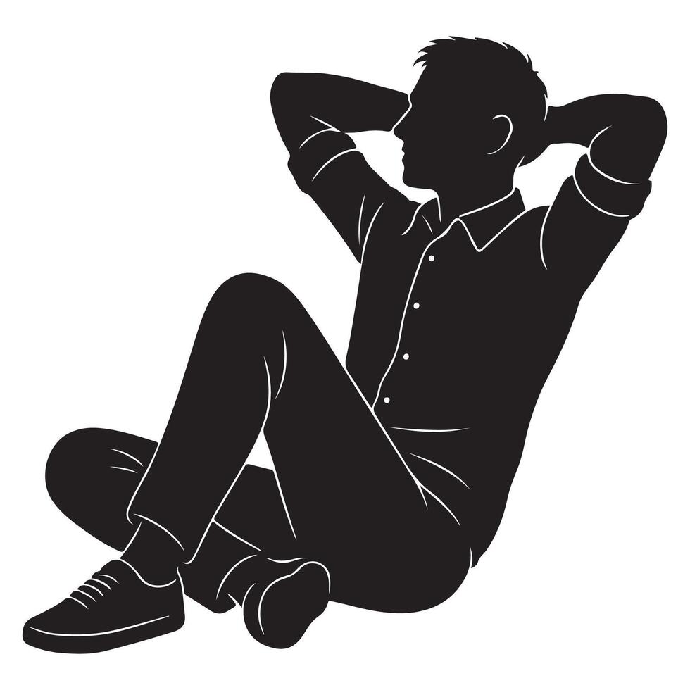 Silhouette of a man seated with both hands behind his head, leaning back, relaxed man vector