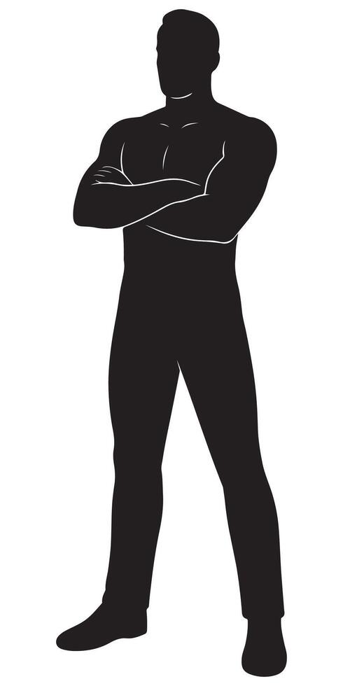 Silhouette of a man with arms crossed over his chest and legs firmly planted, determined man silhouette vector