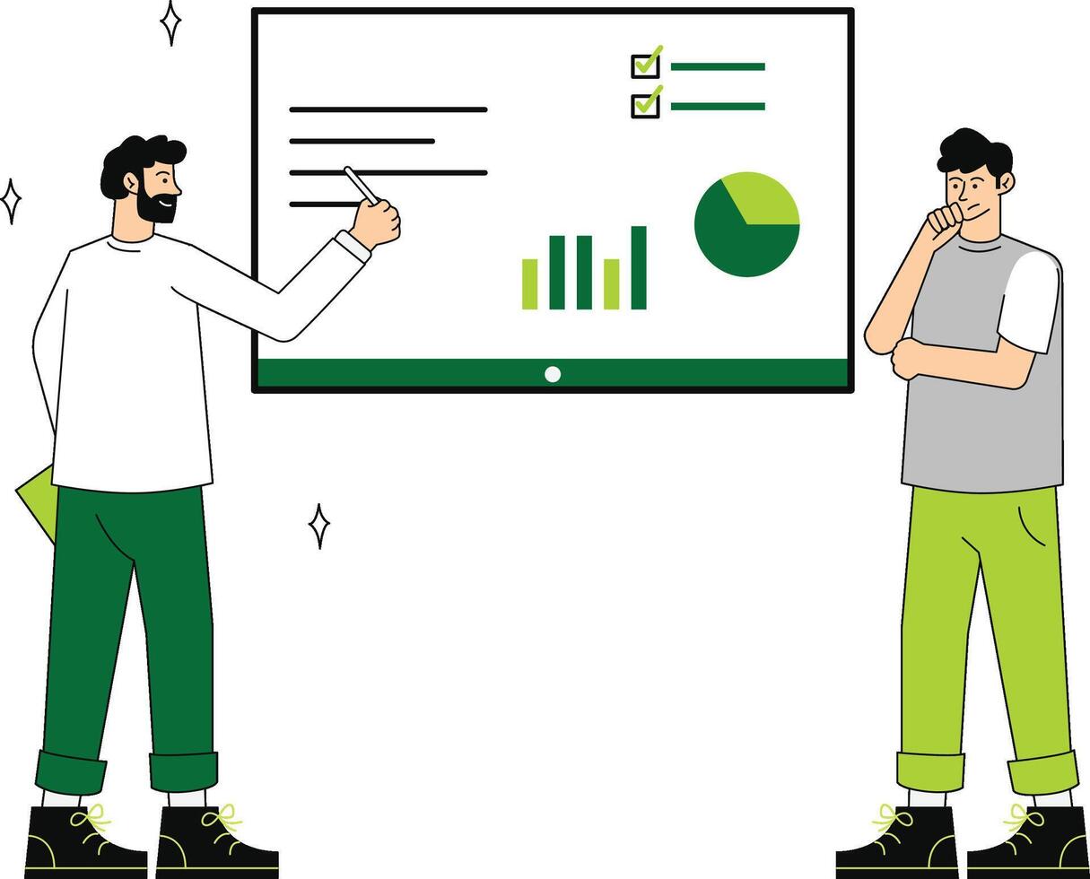 Two men are standing in front of a white board with graphs and charts vector