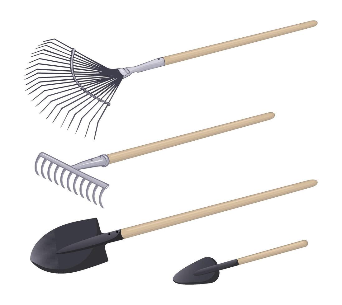 Set of Garden Tools with Leaf Rake Metal Rake Shovel and Trowel vector