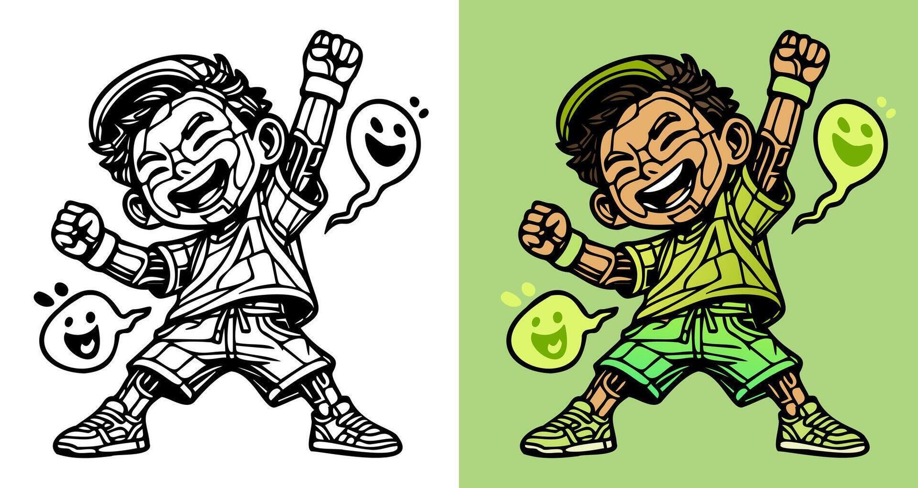 A cartoon boy is jumping up and down with a ghost in the background. The ghost is smiling and the boy is smiling too vector