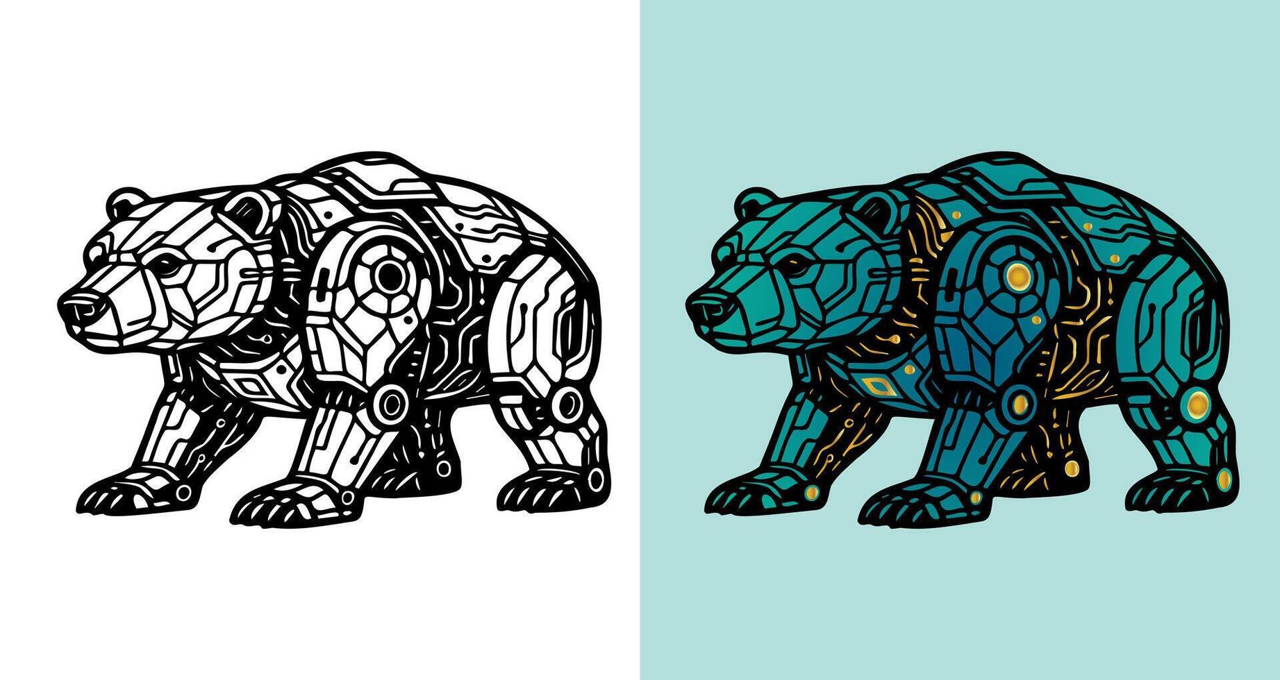 A bear with a robotic design is shown in two different colors. The bear is made of metal and has a futuristic appearance. The blue bear is more detailed and has a more intricate design vector