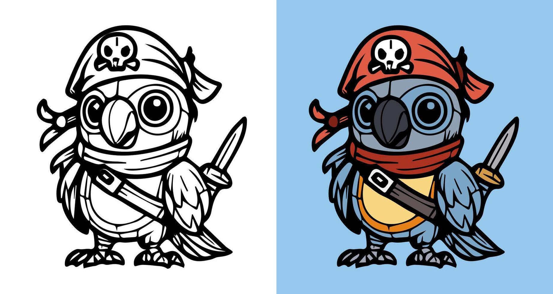 ,A cartoon of a pirate bird with a pirate hat and a sword. The bird is holding a knife and a sword vector