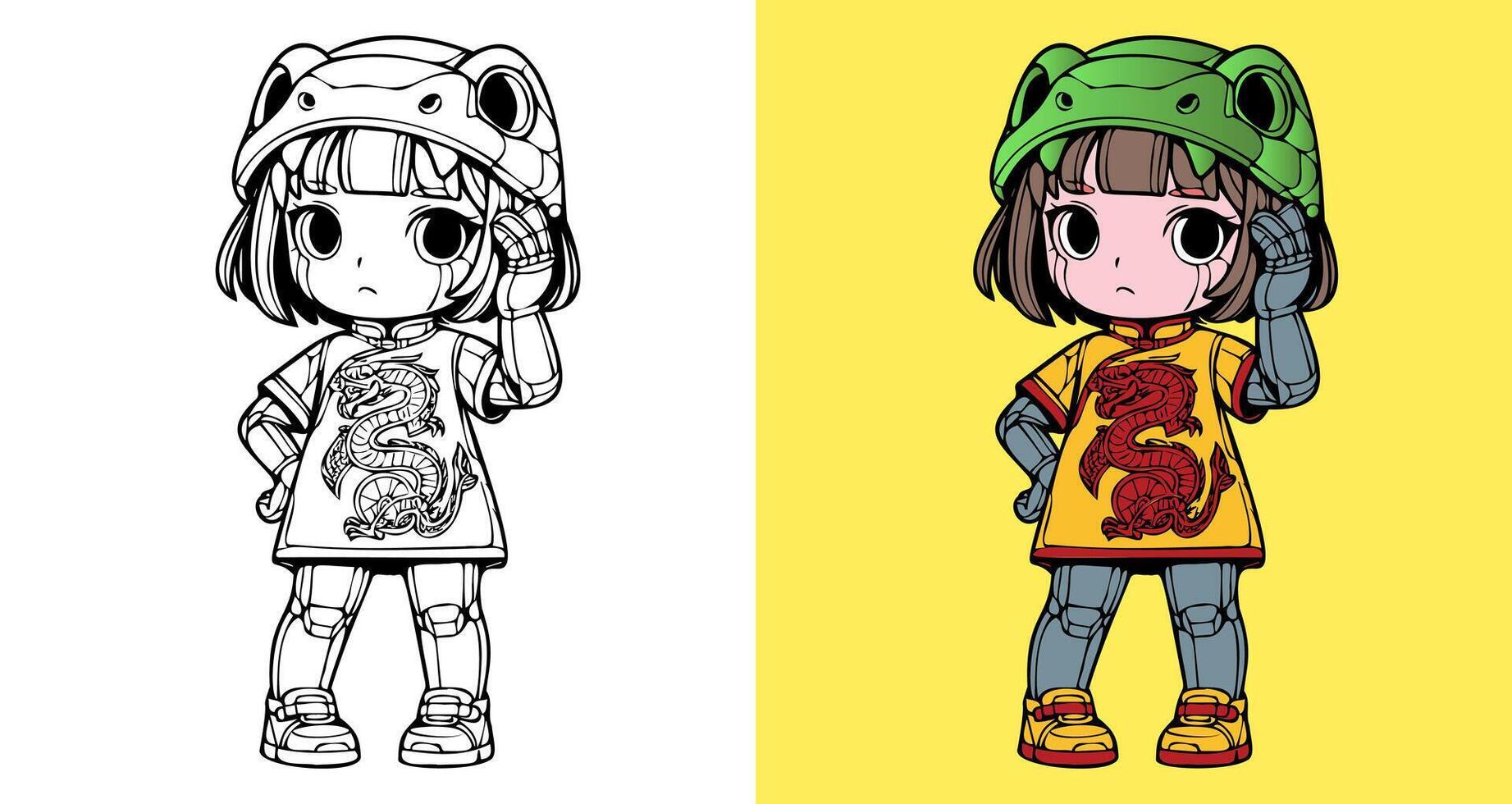 A girl in a green frog hat is talking on a cell phone. The girl is wearing a yellow shirt with a dragon on it vector