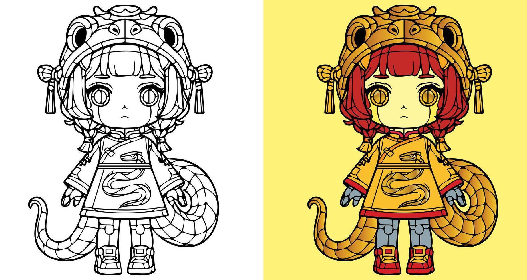 A girl in a yellow and red costume is holding a snake. The girl is wearing a gold and red outfit vector