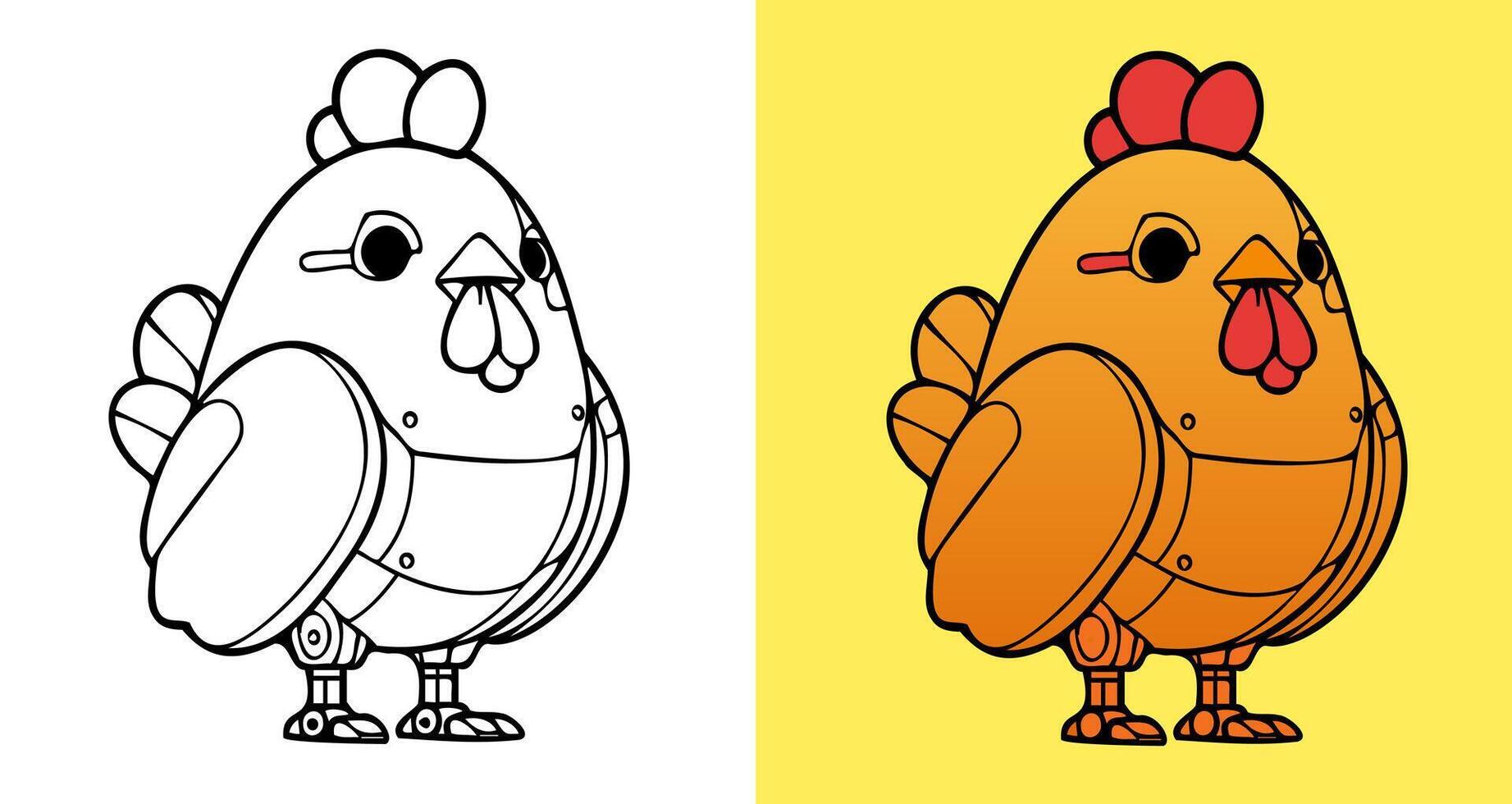 Coloring page.Whimsical Robot Chicken Illustration in Cartoon Style.Colorless and color samples for adult antistress coloring book cover. vector