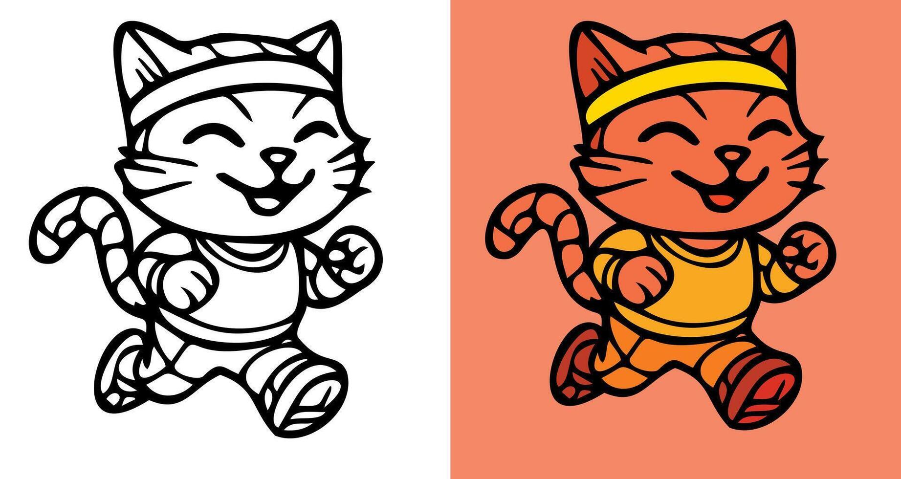 ,A cartoon cat is running in a pair of orange and white shorts. The cat is smiling and he is enjoying the activity vector