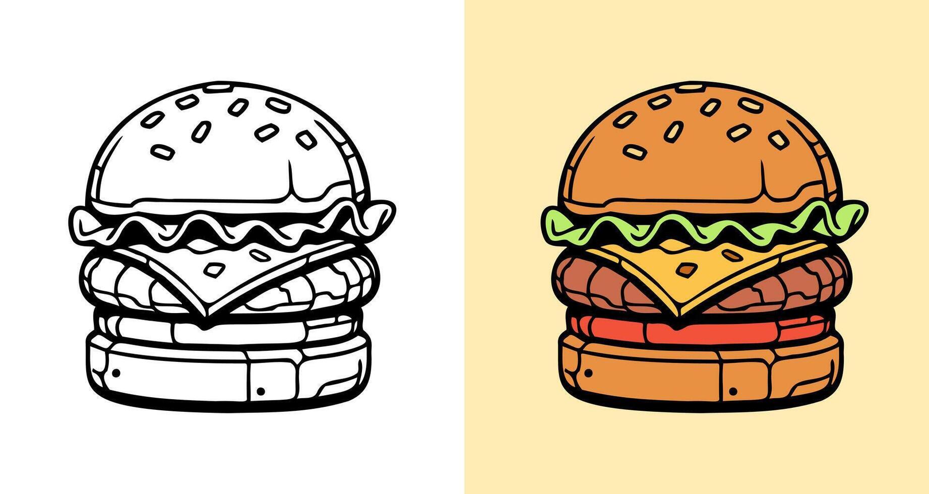 ,A cartoon drawing of a hamburger with lettuce and tomato. The burger is on a white background vector