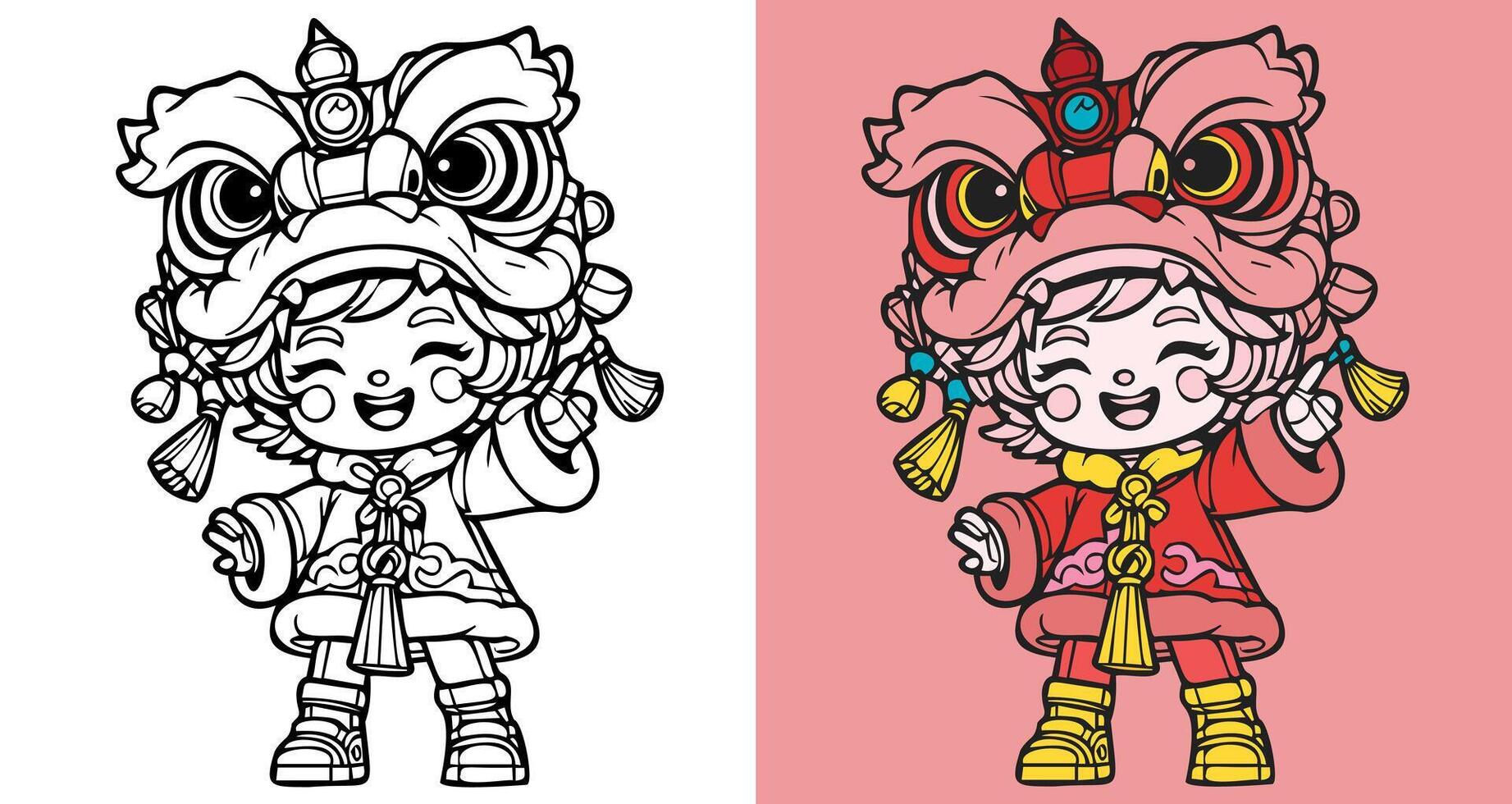 Coloring and Colored Illustration of Child in Vibrant Lion Dance Costume vector