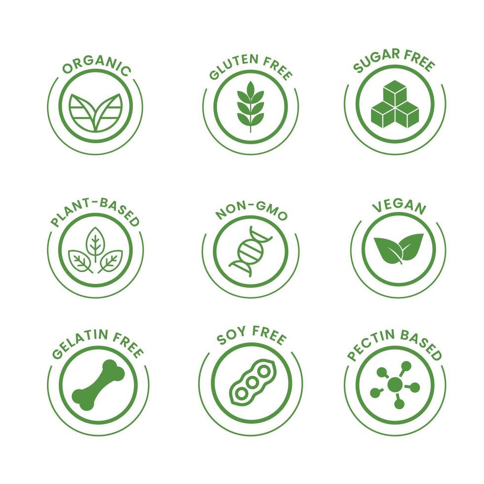 Free GMO Icon, Suger free, Allergy Ingredient Silhouette Green Stamp Set. Label. No Soy, Nut, Gluten, Dairy, Sugar, Nitrates Outline Logo. Vegan Food Icon. vector