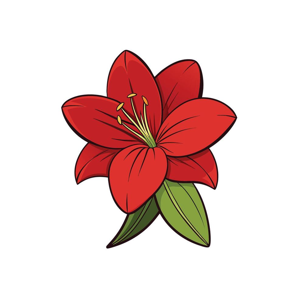 Bold red amaryllis flower with stylized green leaves illustration vector