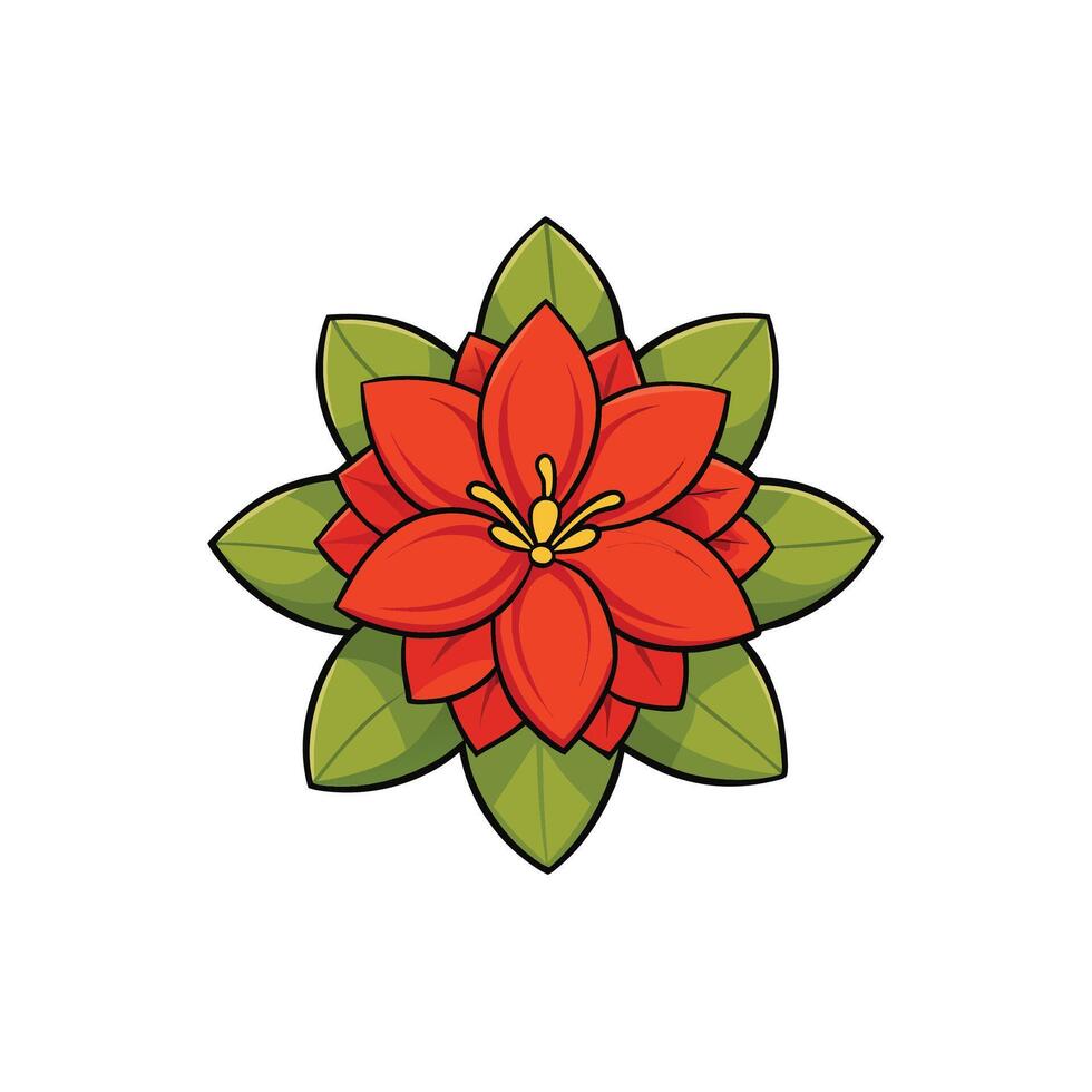Bright red poinsettia with green leaves in cartoon style vector